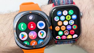 Close-up of the Samsung Galaxy Watch Ultra and Apple Watch Series 11