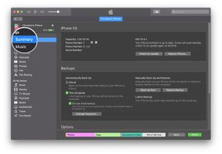 Enabling device backups to iTunes showing how to select Summary from the sidebar in iTunes