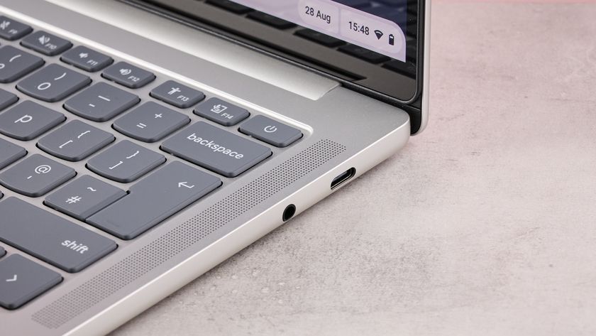 Close-up of right-hand ports on Lenovo Chromebook Plus 14-inch on desk