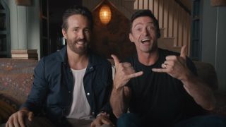 From left to right: Ryan Reynolds smiling and Hugh Jackman throwing a hang loose sign in the Deadpool 3 announcement video.