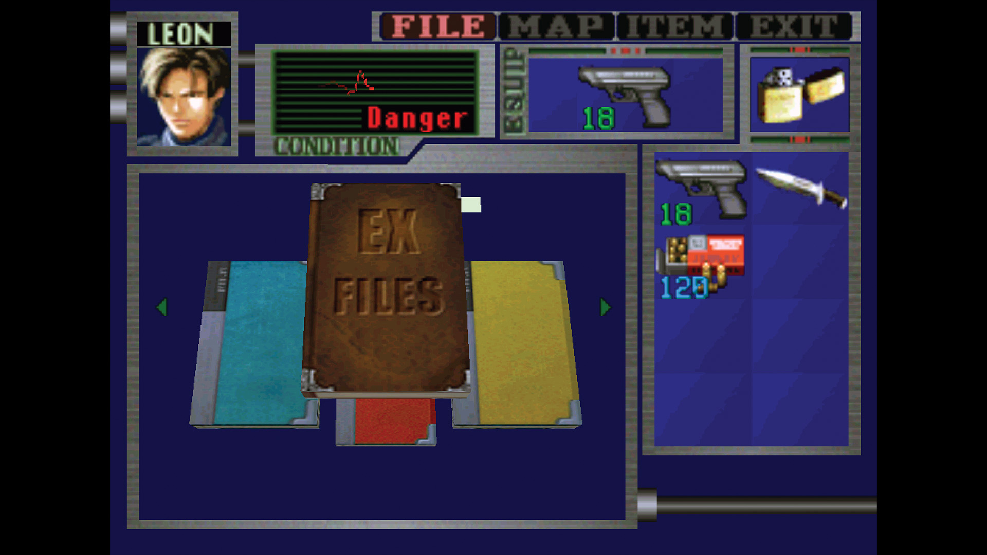 Leon Kenndy's status screens with the platform exclusive EX Files in view in Resident Evil 2 for the Nintendo 64, from a Retro Gamer article