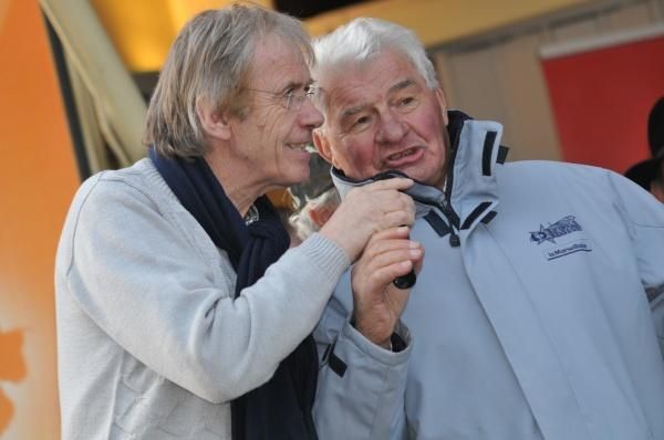 Race announcer Daniel Mangeas with the legendary Raymond Poulidor