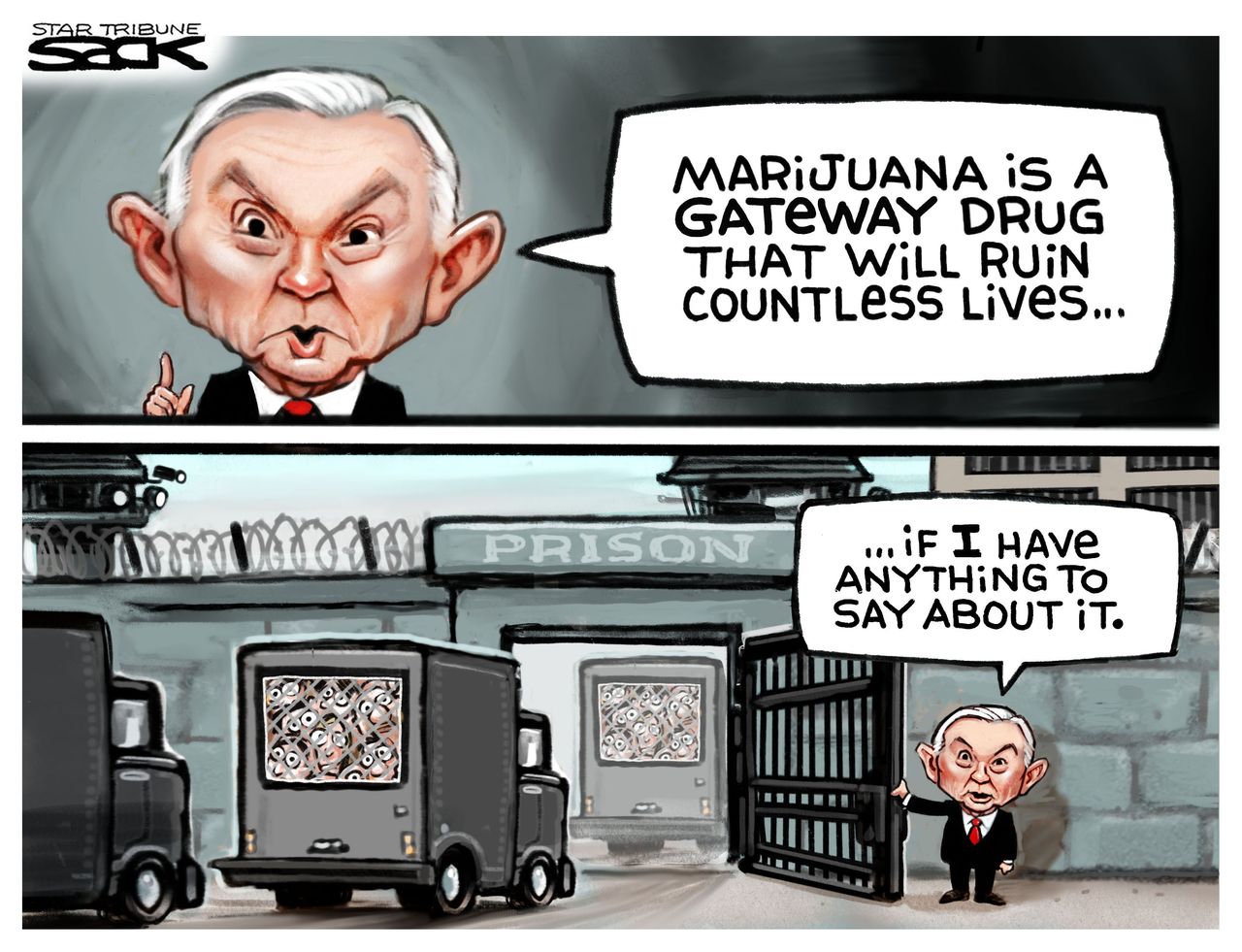 Political cartoon U.S. Jeff Sessions marijuana legalization mass incarceration