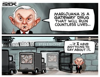 Political cartoon U.S. Jeff Sessions marijuana legalization mass incarceration