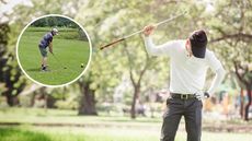 Main image of a golfer appearing frustrated with an inset image of Jonny Leighfield preparing to hit a tee shot on a par-3