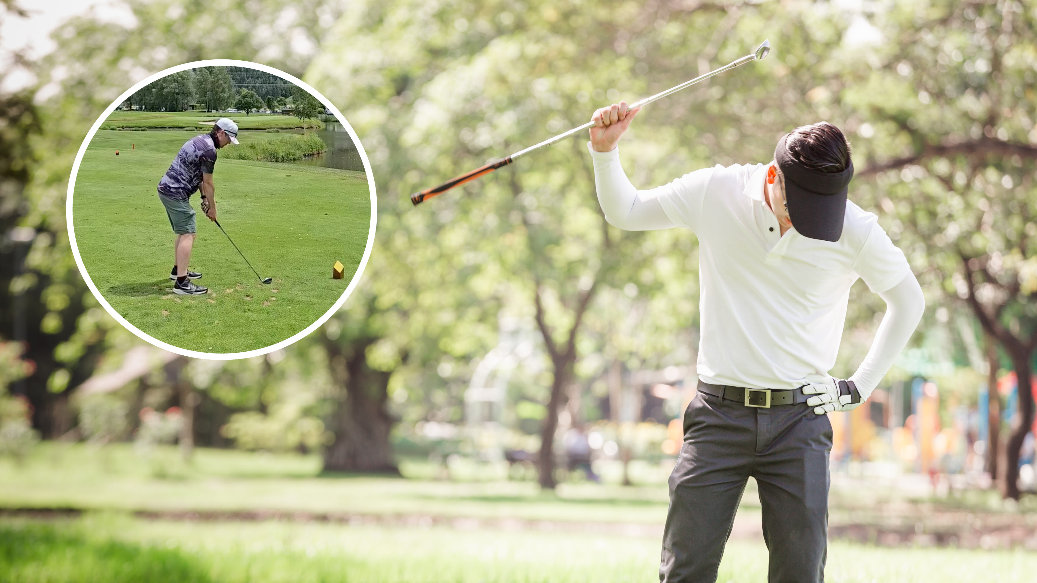 Main image of a golfer appearing frustrated with an inset image of Jonny Leighfield preparing to hit a tee shot on a par-3