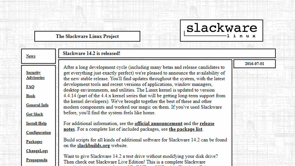 Website screenshot of Slackware