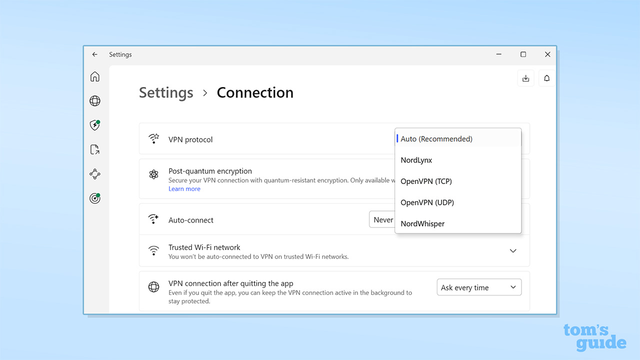 Screenshot of NordVPN desktop app connection settings showing a list of its protocols