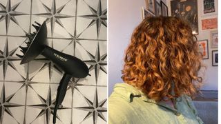 A shot of the curlsmith hair drier alongside a shot of Senior Beauty Editor Rhiannon Derbyshire's hair after using it