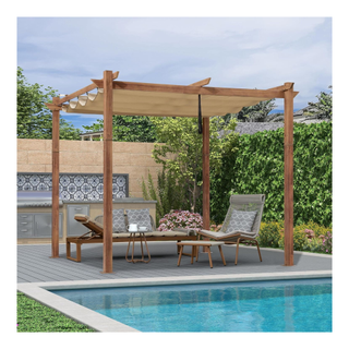 A wood pergola beside a pool