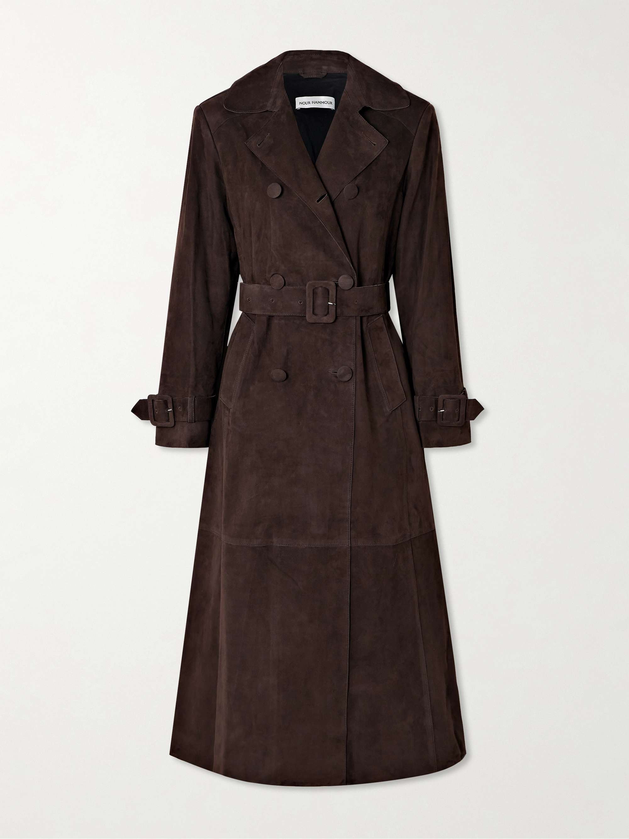 Tate Belted Paneled Double-Breasted Suede Trench Coat