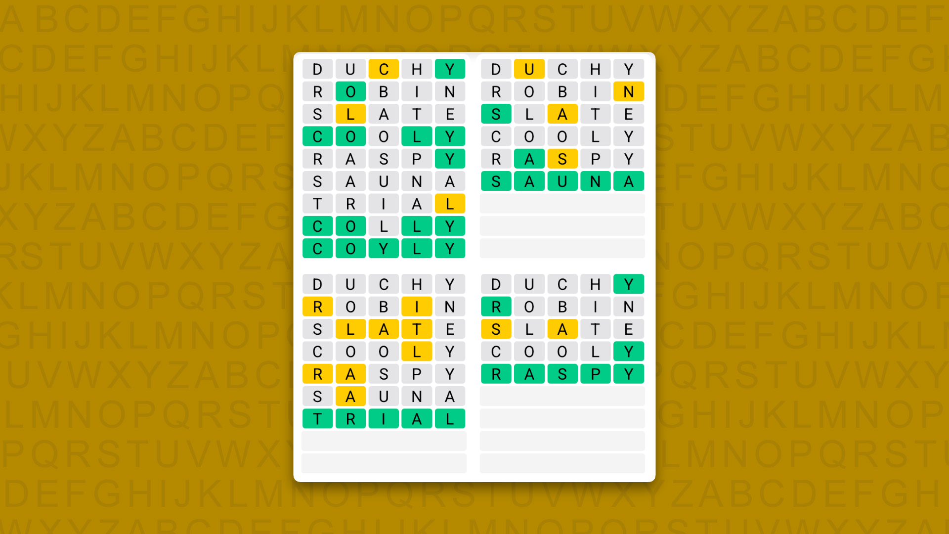 Quordle answers for game 1730 on a yellow background