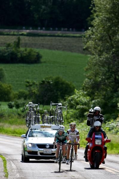 Errine Willock (Webcor) and Linda Villumsen (HTC-Columbia) leave the rest of the field on the way back in to town.
