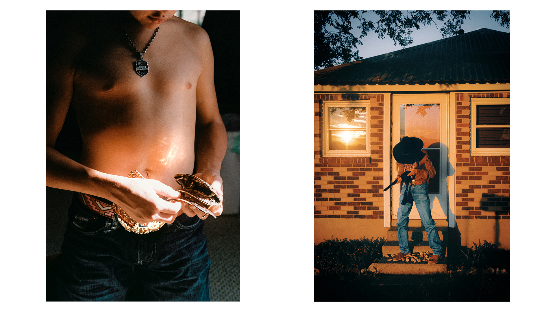 Montage of photographs taken in Texas, the USA in 2024 by Alex Bex, part of a series titled Memories of Dust. Left-hand image: Photographed in Sabinal, Texas, Merrick, 18, chooses which belt buckle to wear. In Texan ranching culture, some belt buckles are trophies awarded for rodeo achievements, while others have personal significance. As a symbol of masculinity, they play a key role in shaping identity and status from an early age. Right-hand image: Photographed in Abilene, Texas, Baru poses as a cowboy at the ranch and considers the importance of self-defence in secluded areas where response times from law enforcement can be unpredictable.