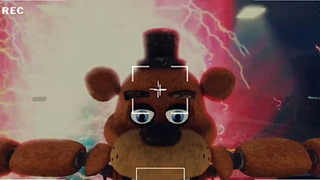 An image of Freddy Fazbear from the as-yet-unreleased FNAF Roblox Game t-posing in front of a security camera with a threatening aura.