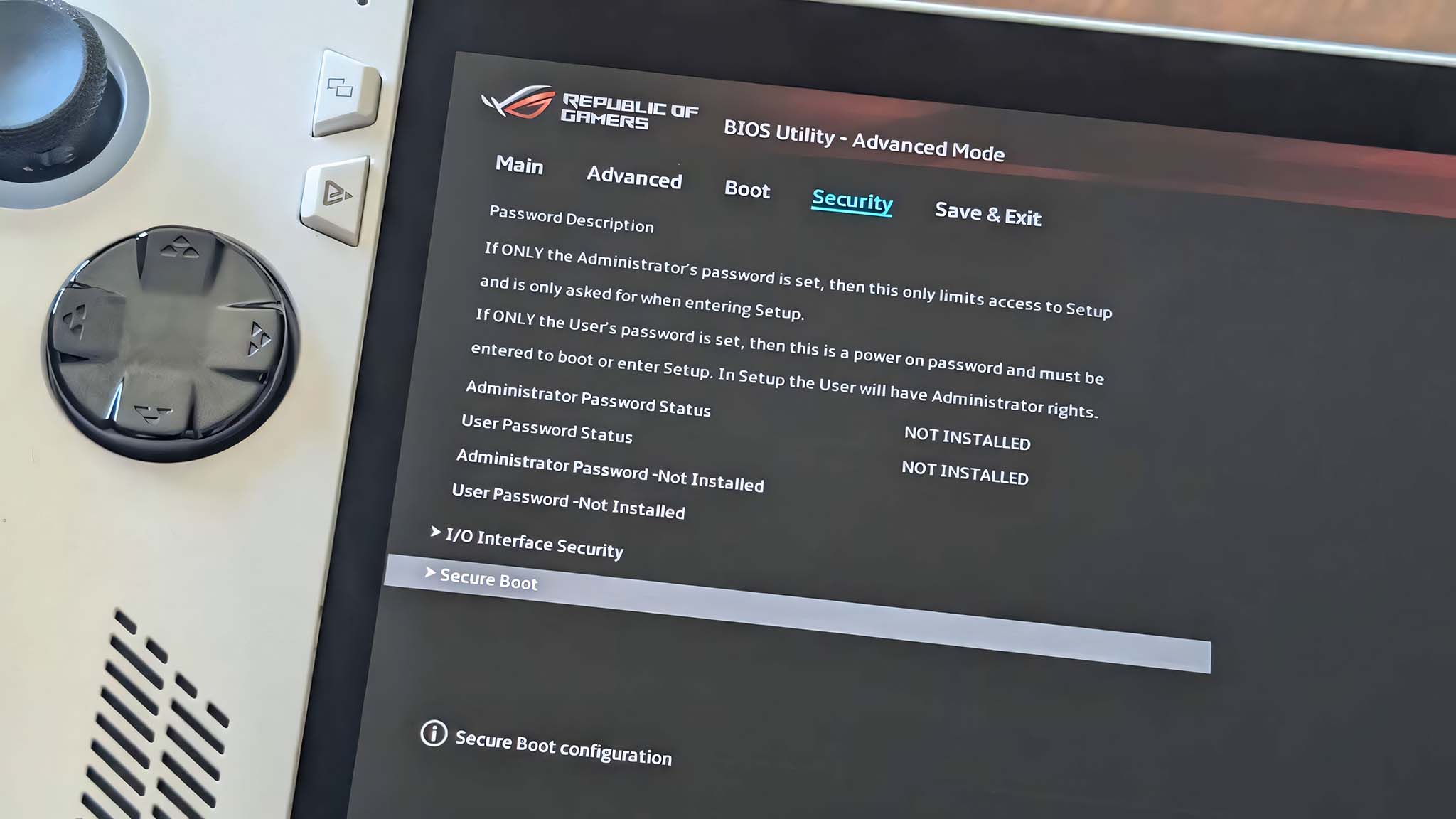 Secure Boot selected in ROG Ally BIOS.