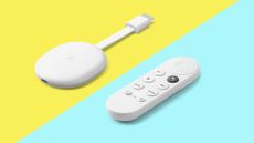 Best Chromecast deals 2022, image shows Chromecast with Google TV on colours background