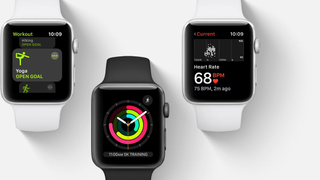 Three apple watch screens showing exercise features