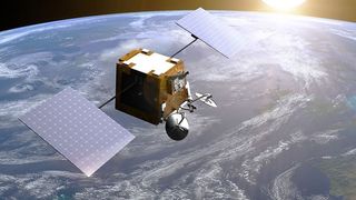  An artist's illustration depicts a OneWeb satellite in orbit.  