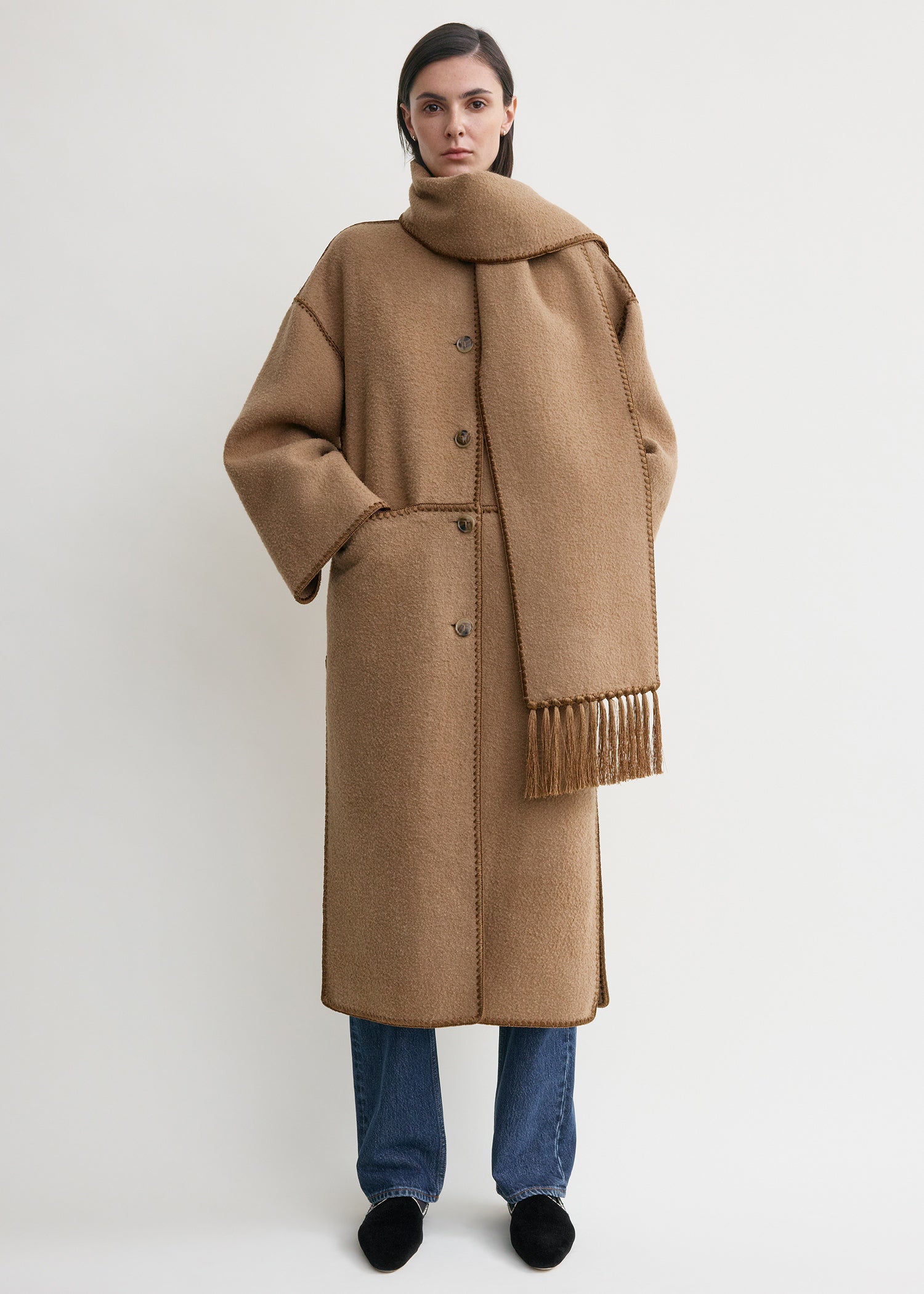 Embroidered Scarf Coat Camel