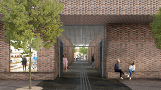 The entrance to the new RCA Battersea Building designed by Herzog & de Meuron scheduled to complete by 2020