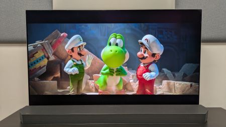 The Super Mario Galaxy Movie 4K Blu-ray on the LG G6 showing Mario and Luigi standing either side of Yoshi 