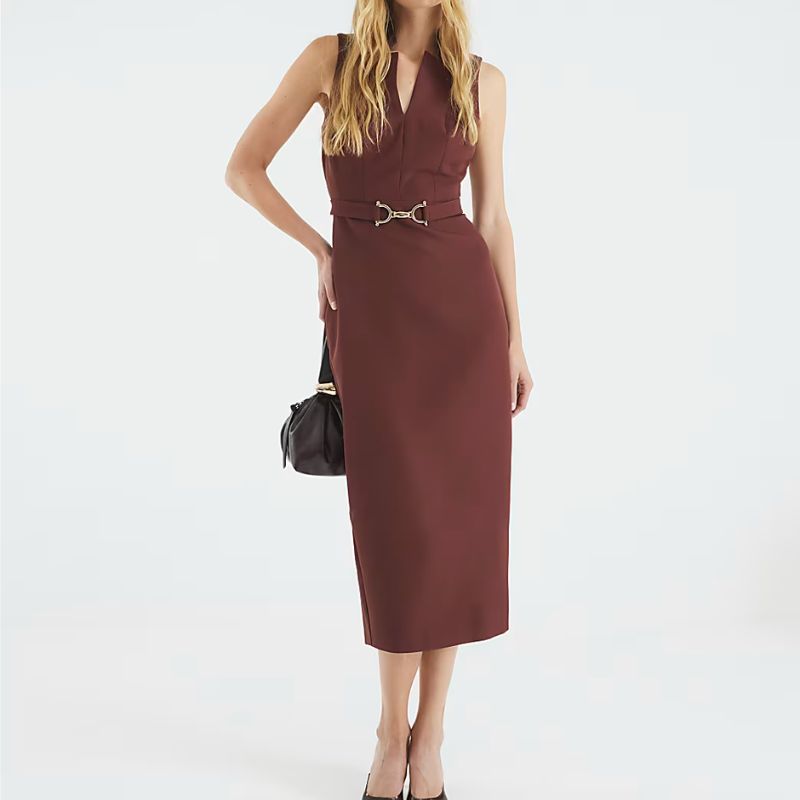 River Island , Brown Belted Collar Midi Dress