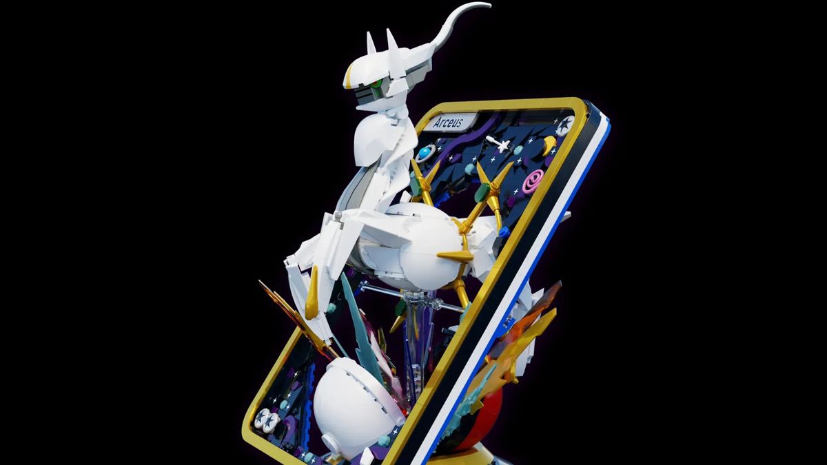 Lego Pokemon Arceus card on a black background