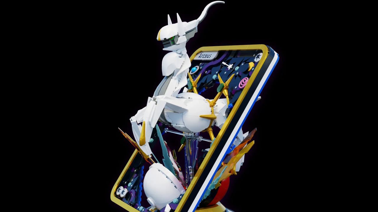 Lego Pokemon Arceus card on a black background