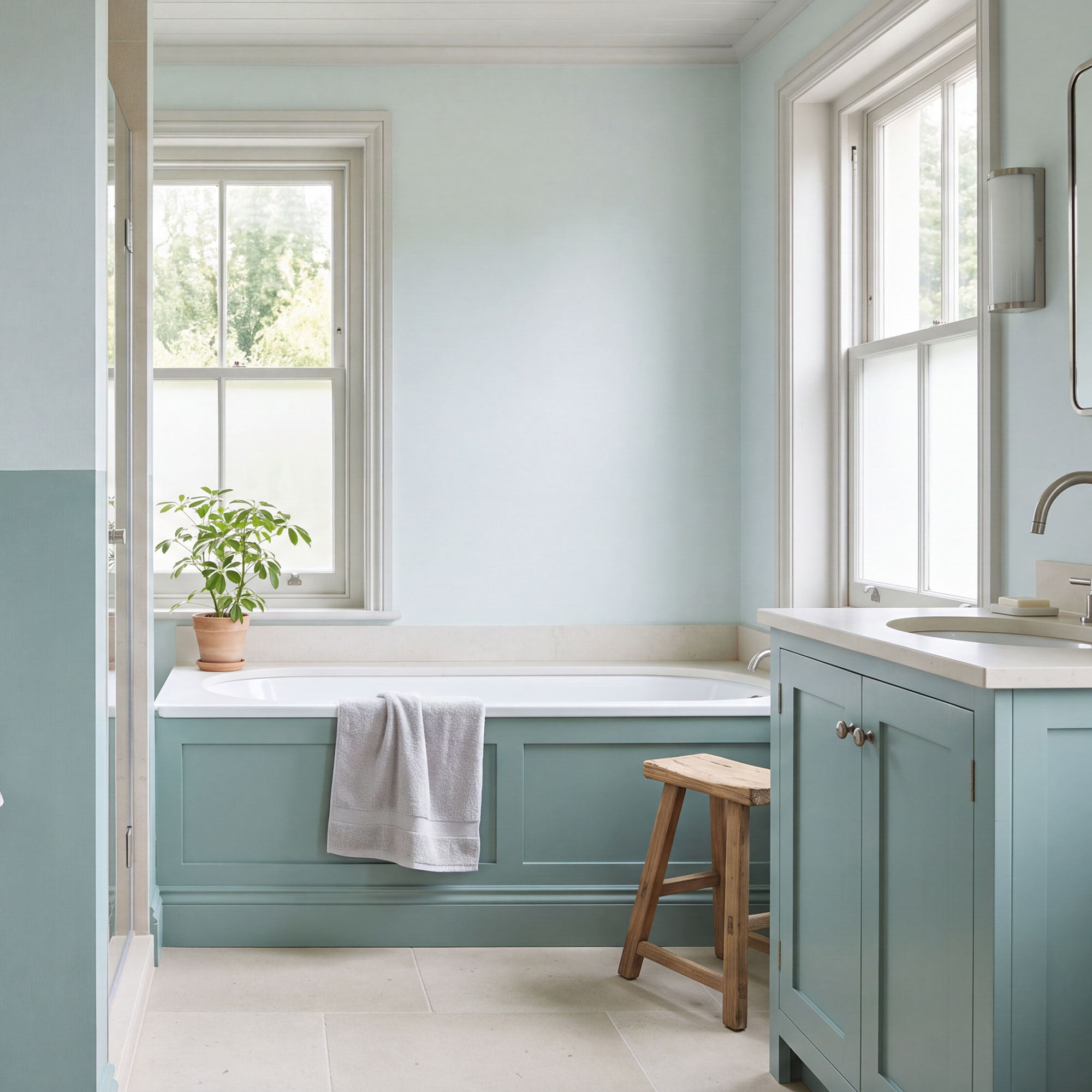 Bathroom with bath and lower half of walls painted aquamarine, and the top half a paler version