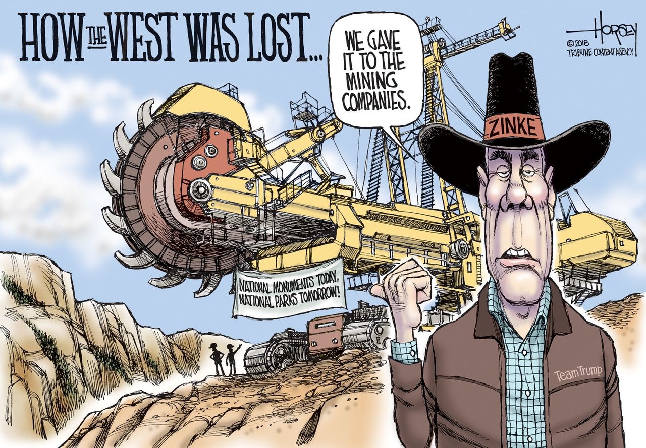 Political cartoon U.S. coal mining Trump Ryan Zinke national monuments