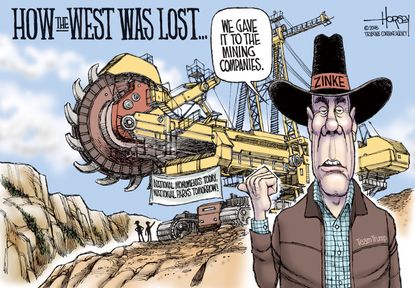 Political cartoon U.S. coal mining Trump Ryan Zinke national monuments