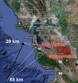 This map shows the preliminary trajectory of a meteor that lit up the Northern California night sky on Oct. 17, 2012.