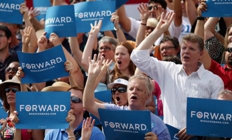 Supporters shout &amp;quot;Four more years&amp;quot; as President Obama delivers remarks during a campaign stop in St. Petersburg, Fla., on Sept. 8.