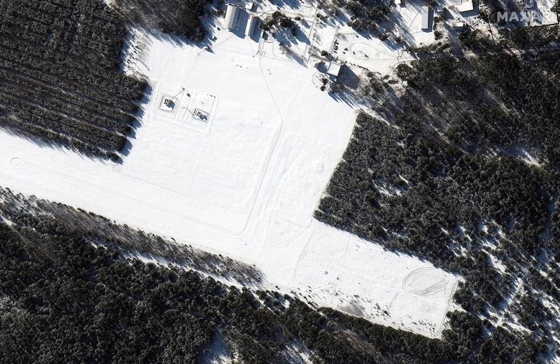 This image, snapped on Feb. 4, 2022, by Maxar&rsquo;s Worldview-3 satellite, shows VD Bolshoy Bokov Airfield near Mazyr, Belarus, before Russian troops moved into the area.