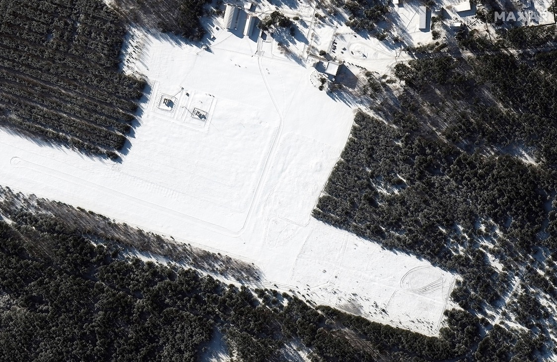 This image, snapped on Feb. 4, 2022, by Maxar’s Worldview-3 satellite, shows VD Bolshoy Bokov Airfield near Mazyr, Belarus, before Russian troops moved into the area.