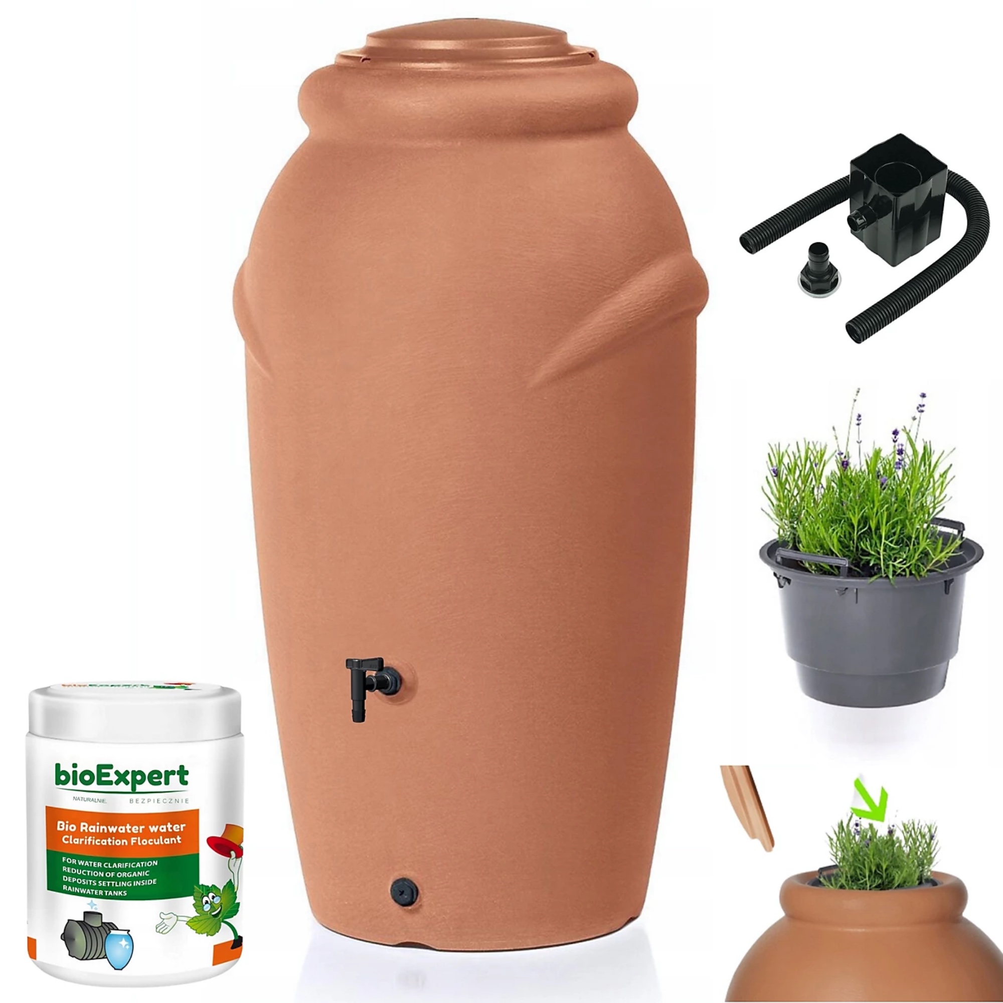 Water Butt Kit with Tap, Diverter, Bio Cleaner, Amphora Shaped 210L, Plastic Rain Water Collector