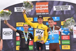 Adam Yates, Geraint Thomas and Romain Bardet on the podium in the Criterium du Dauphine