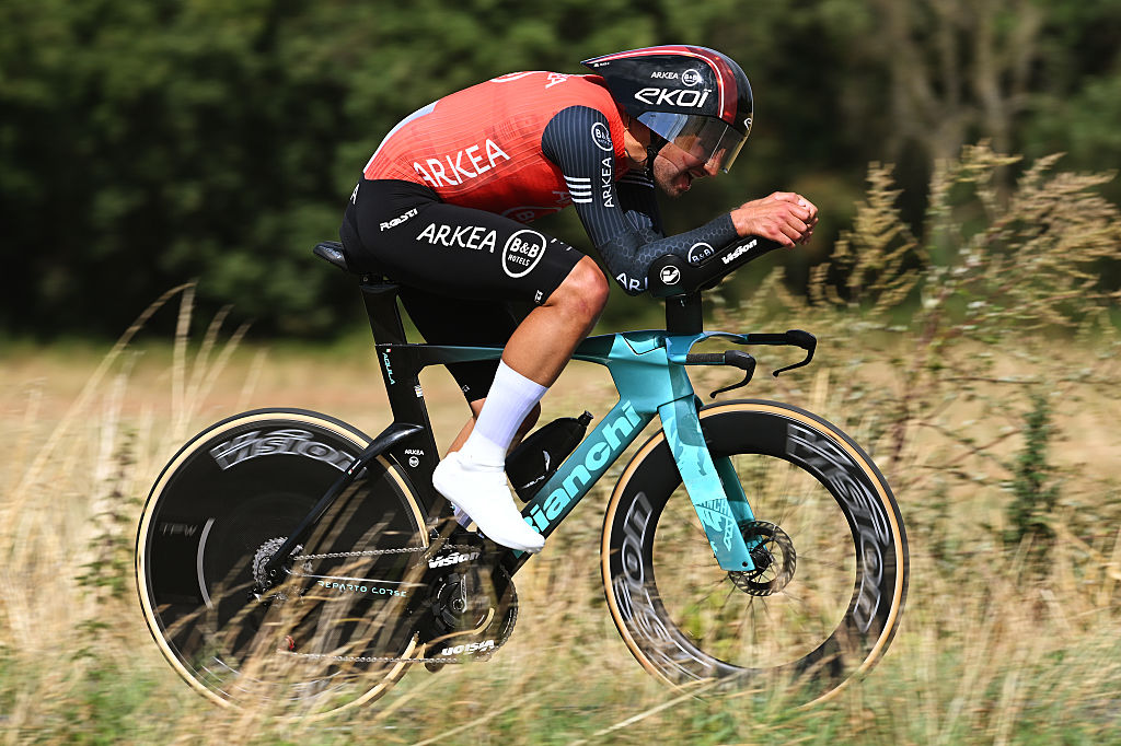 JARDRES, FRANCE - AUGUST 28: Nicolas Milesi of Italy and Team Arkea - B&amp;amp;B Hotels competes during the 39th Tour Poitou - Charentes en Nouvelle Aquitaine 2025, Stage 3 a 27.3km time trial stage from Chauvigny to Jardres on August 28, 2025 in Jardres, France. (Photo by Luc Claessen/Getty Images)