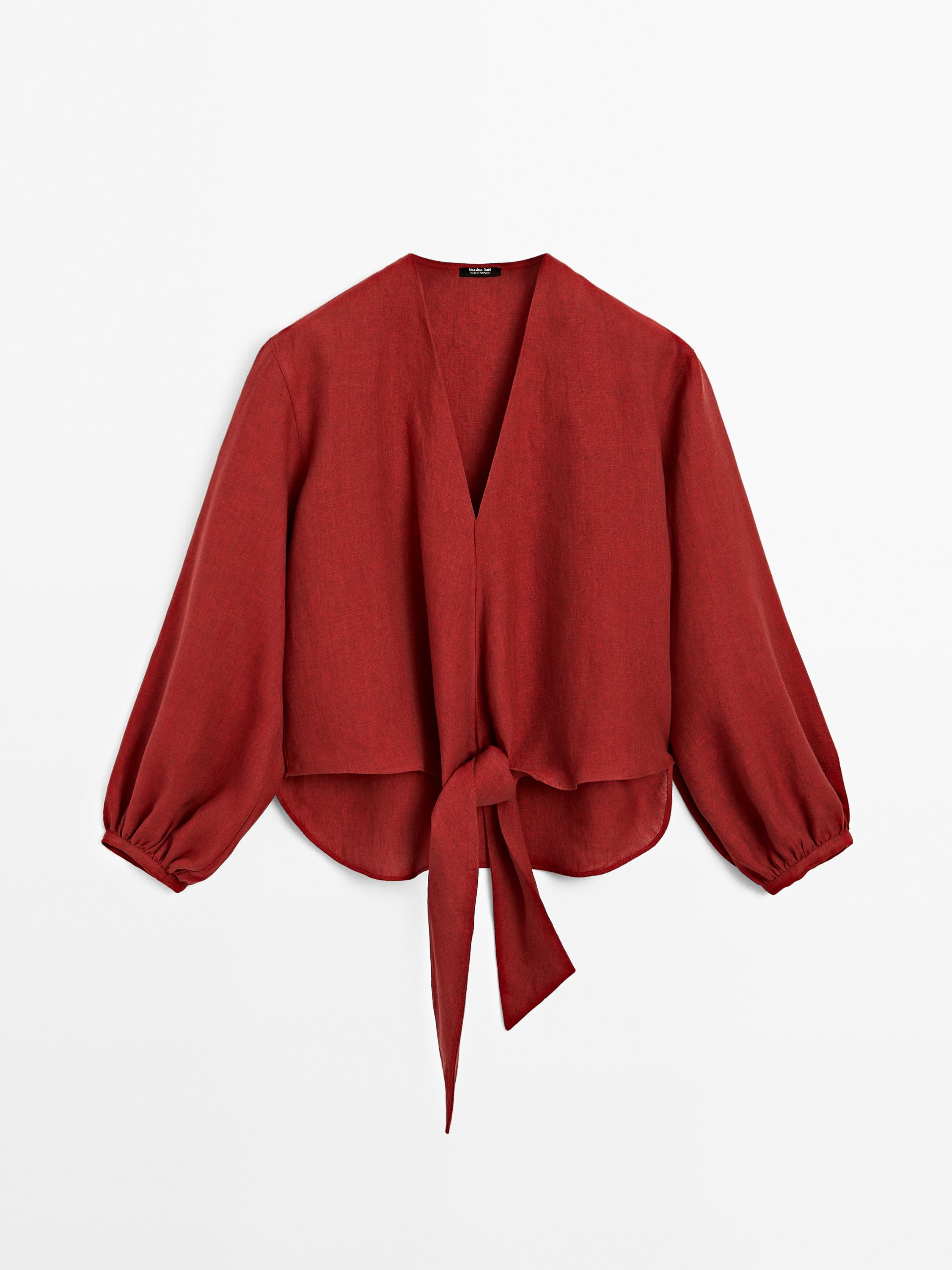 100% Linen Blouse With Tie Detail
