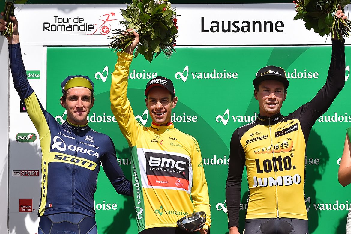 The final Romandie podium of Porte, Yates, and Roglic