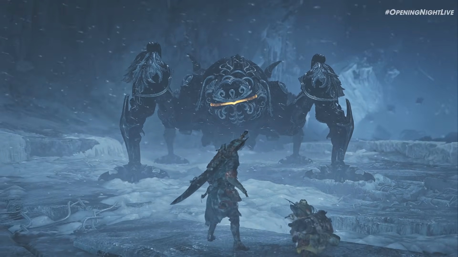 Promotional screenshot of a player fighting Omega in Monster Hunter Wilds