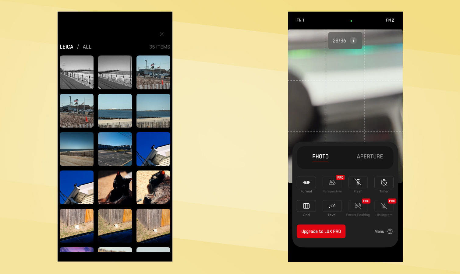 Screenshots of Leica LUX app.
