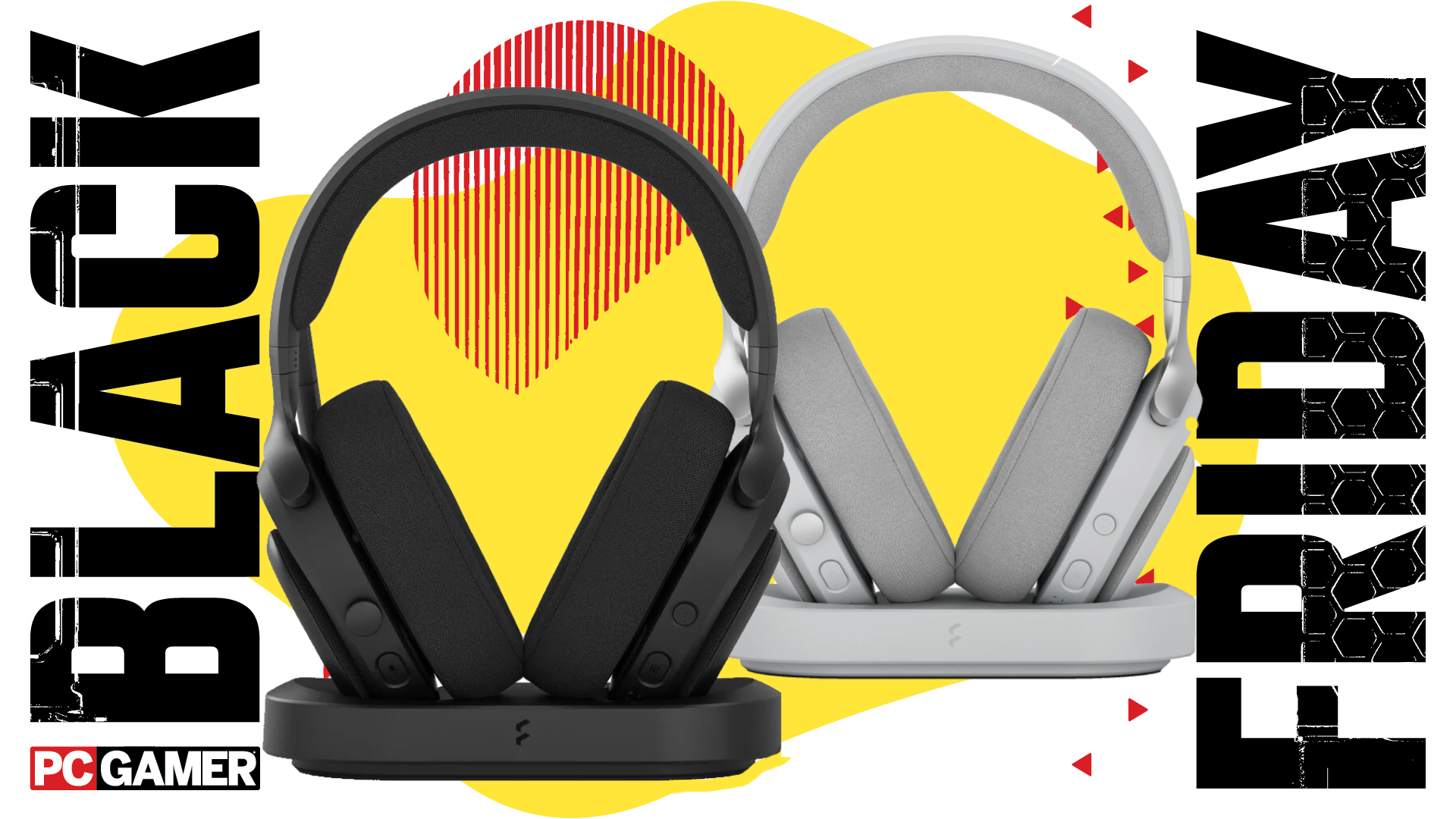 Two Fractal Design Scape gaming headsets on a Black Friday deals background with the PC Gamer logo in the bottom left