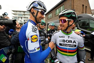 Tom Boonen and Peter Sagan chat before the start of Scheldeprijs