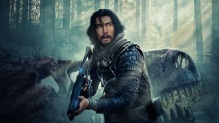 65 key art featuring Adam Driver in front of a T Rex skull.