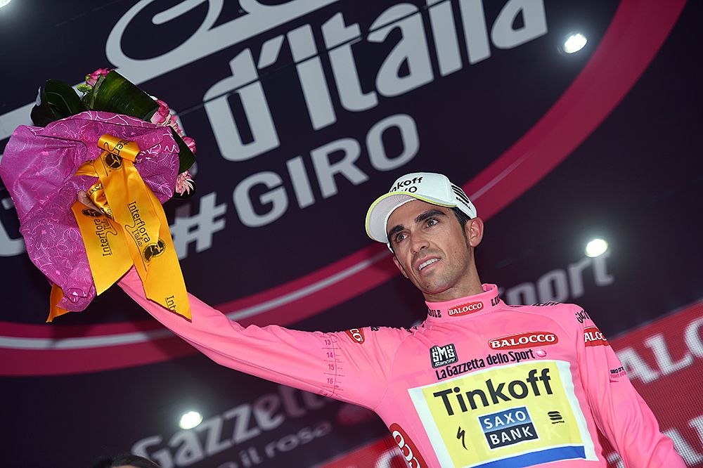 Albert Contador (Tinkoff-Saxo) on the podium as the race leader
