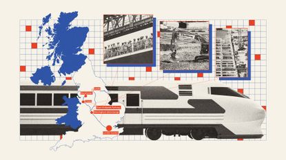 Illustration of a high speed train, map of the HS2 line, and construction scenes