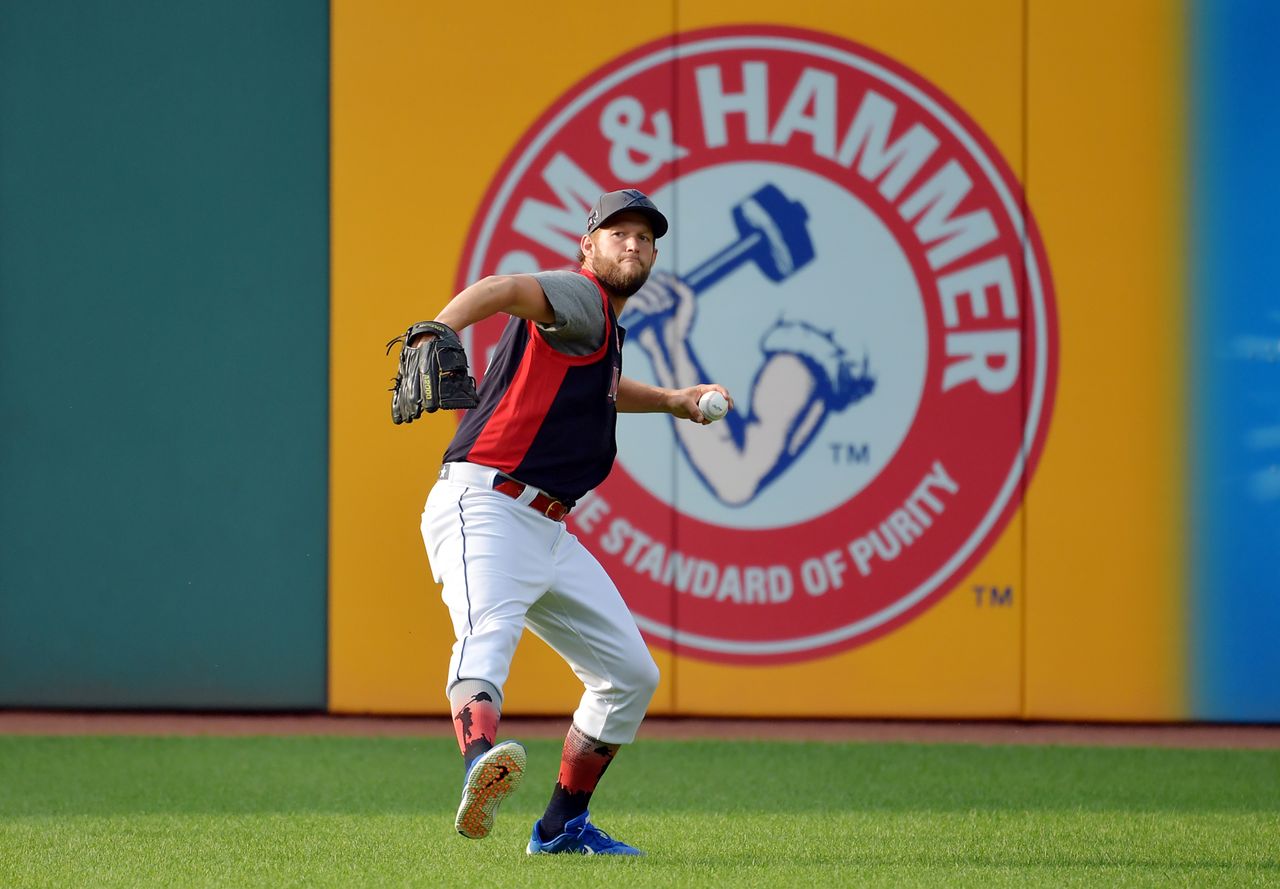 The Dodgers&amp;#039; Clayton Kershaw practices for the MLB All-Star game.