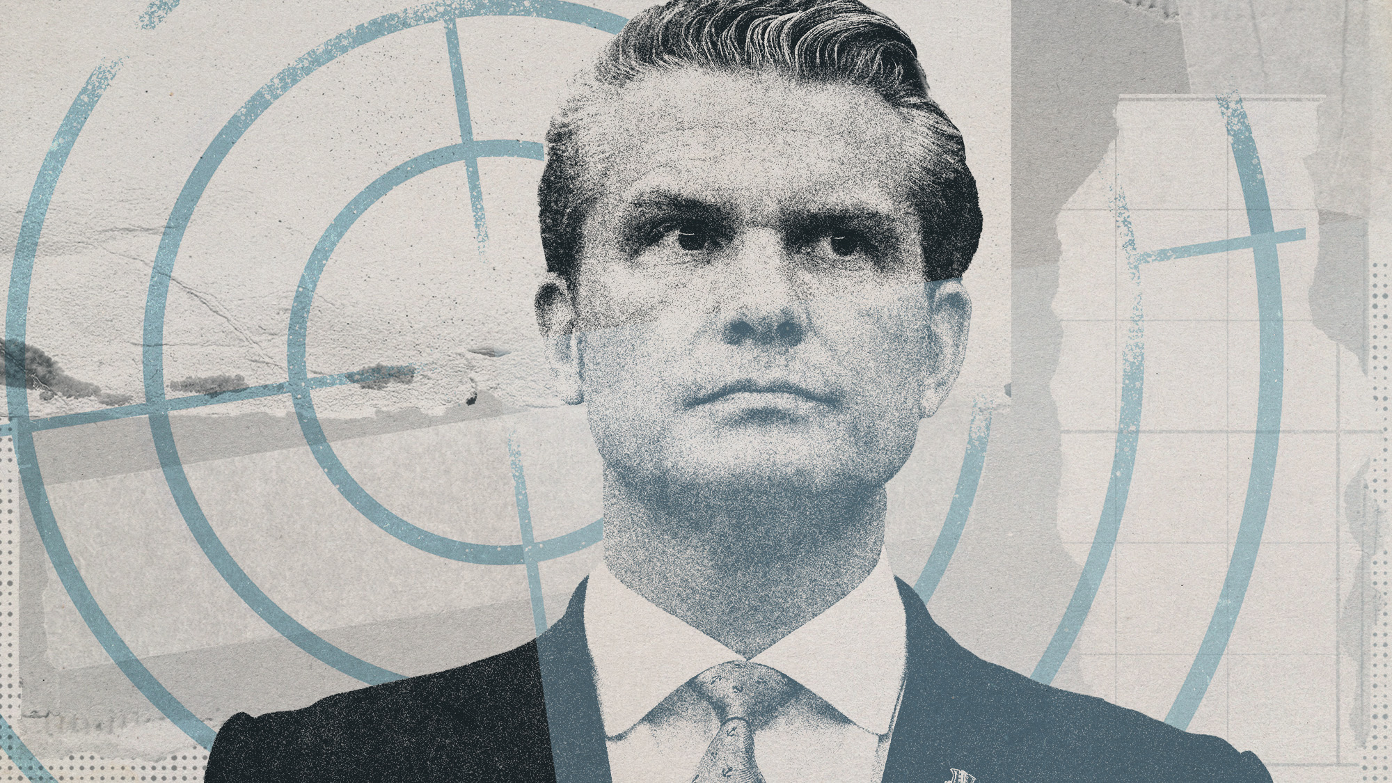 Photo collage of Pete Hegseth and crosshairs